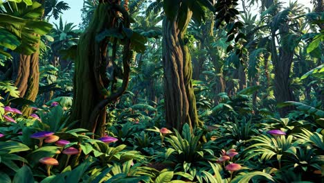 lush jungle scene with vibrant foliage, captured from a low-angle, resembling a video game