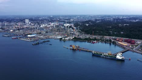 aerial view of pt pertamina oil refinery plant at the port city of balikpapan in kalimantan, indonesia