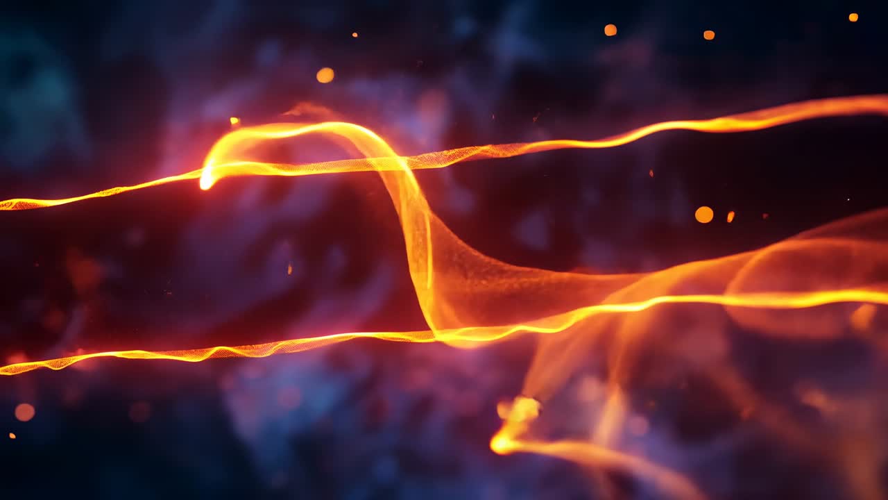 Smoke ribbon emerging between glowing orange ribbons in digital space, undulating ember sparks