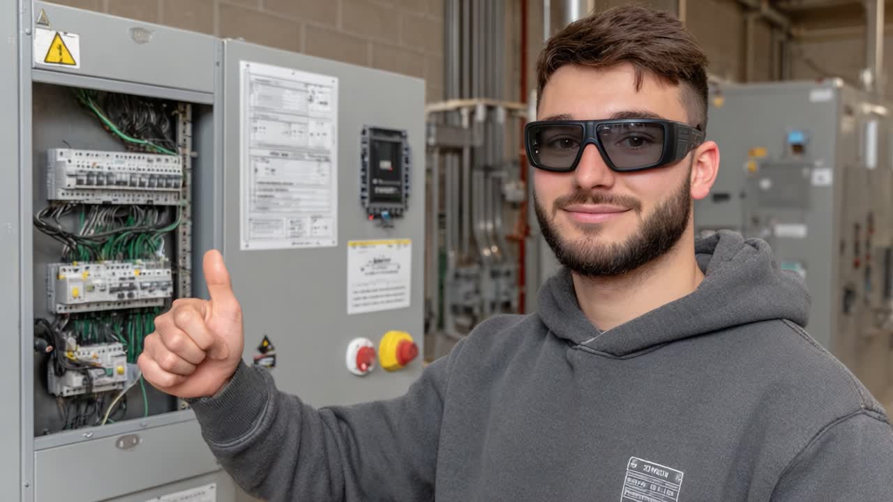 A confident young technician proudly demonstrates his skills while working on electrical control panels, showcasing expertise in handling complex circuitry and technology