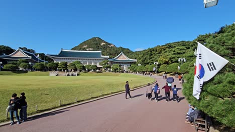 south korean flag at cheong wa dae (blue house), former presidential residence in seoul, south korea - static high angle