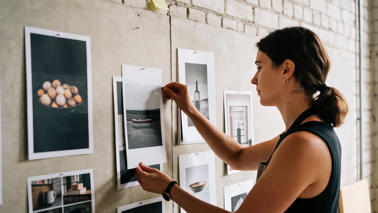 Donna in grembiule che si allunga, afferra e appunta una stampa su una parete di cemento dello studio per il layout, con spazio per il testo.