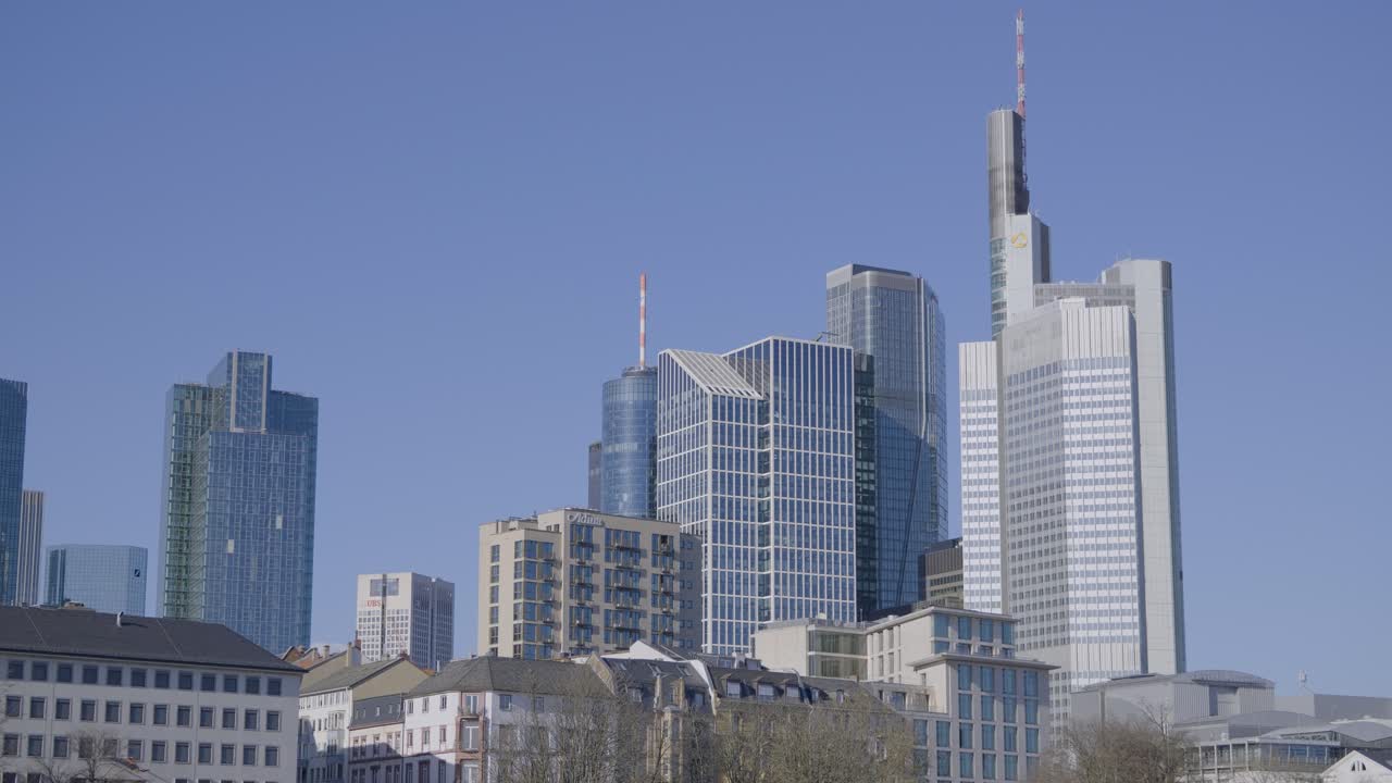 Modern city skyline of Frankfurt with tall skyscrapers under a clear blue sky