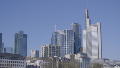 modern city skyline of frankfurt with tall skyscrapers under a clear blue sky