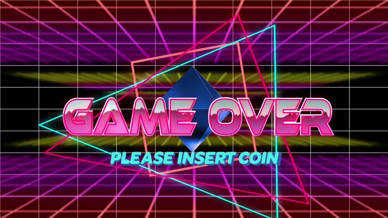 검은색 배경에 네온 모양과 선을 통해 텍스트에 대한 간섭과 게임의 애니메이션