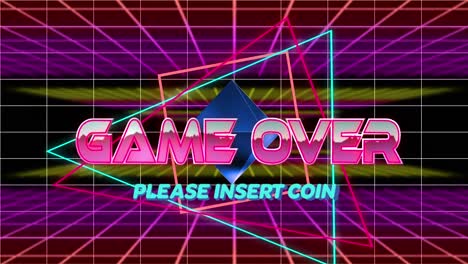 Animation-of-interference-and-game-over-text-over-neon-shapes-and-lines-on-black-background