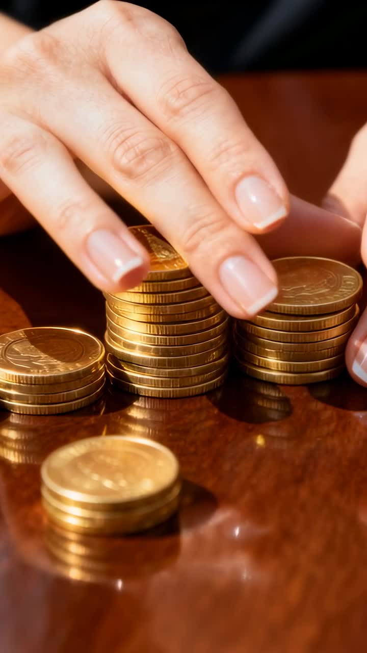 Vertical video: Woman's hands placing coins, stacking and nudging, middle stack growing for finance