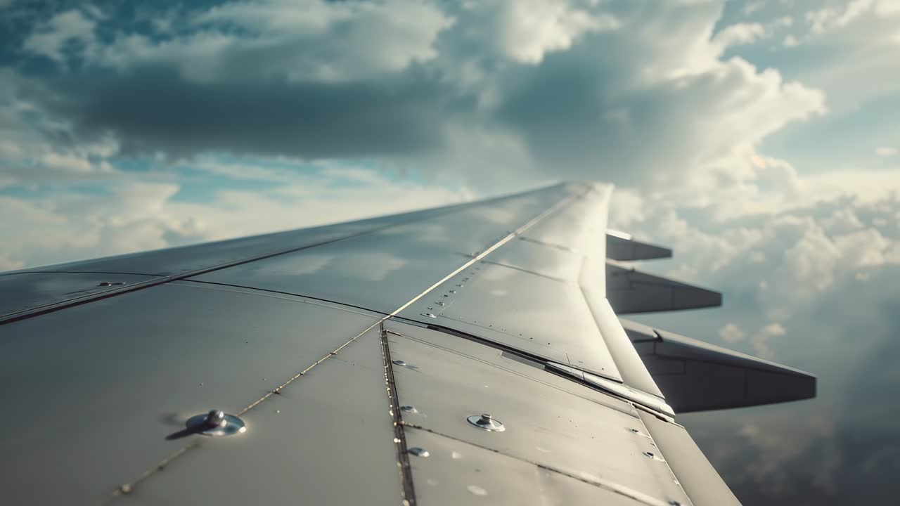 Cruising airplane wing shifting under currents outside window over cumulus clouds, showing rivets
