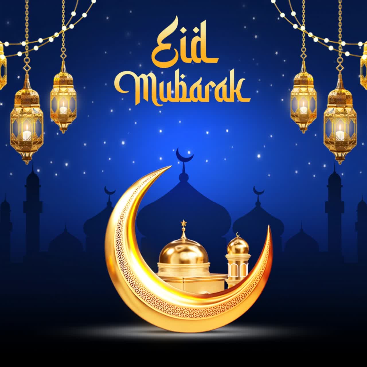 Animazione Post Social Media di auguri Eid Mubarak con lanterne a mezzaluna della moschea su sfondo sfumato blu.