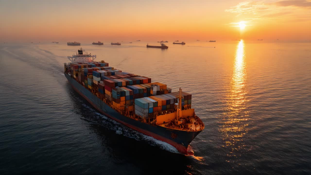 A Majestic Cargo Ship Navigating Through Tranquil Waters at Sunrise, Surrounded by Other Vessels Under a Beautiful Sky