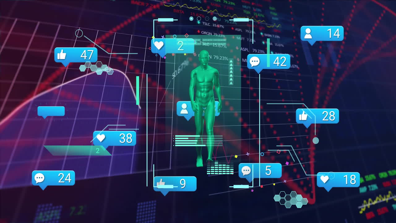 animación de notificaciones de redes sociales sobre figura caminante en la interfaz y procesamiento de datos