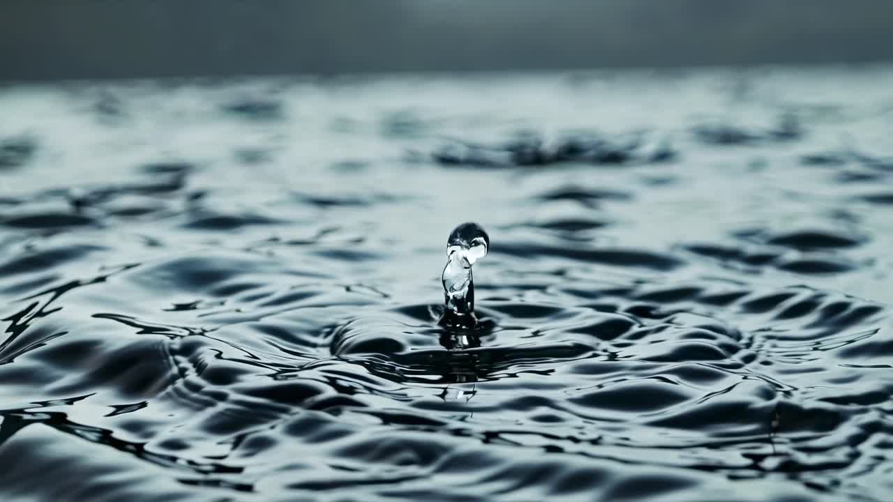 Nahaufnahme, Video aus niedrigem Winkel, das Regentropfen einfängt, die Wellen auf einer ruhigen Wasseroberfläche erzeugen