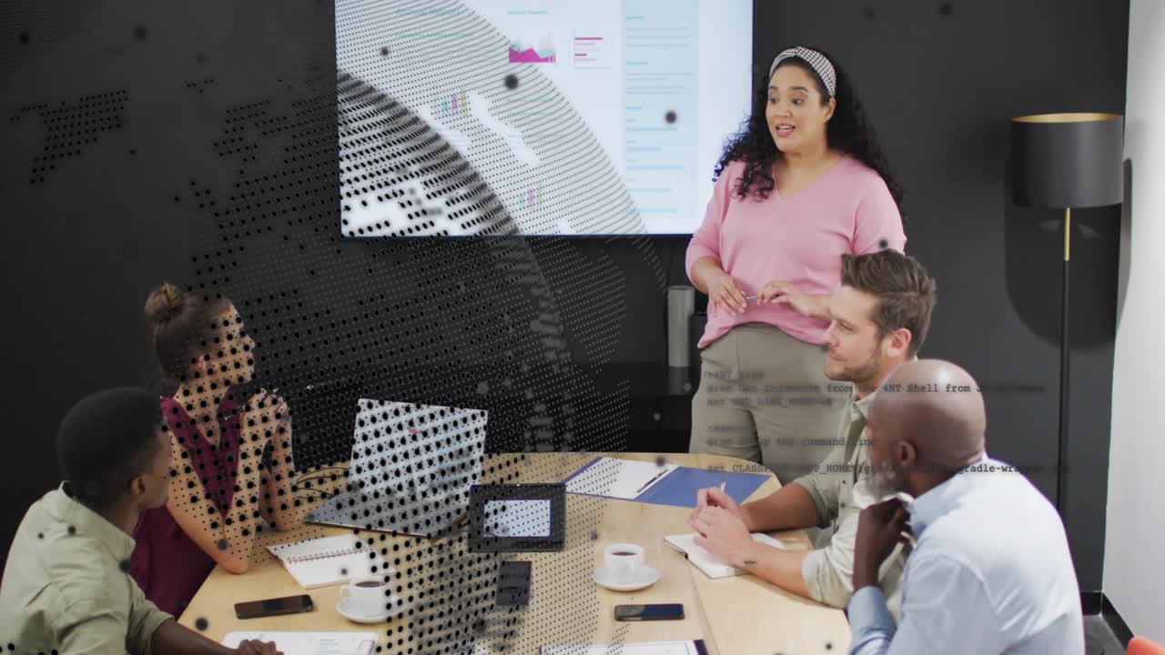 Lead pointing at slides and presenting biz plan, team noting, globe overlay obscuring slides