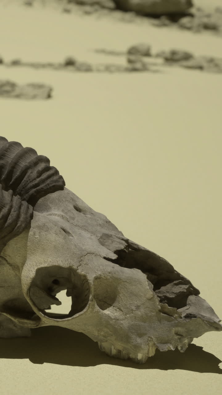 Skull resting on sandy ground with rocks in background under bright sun
