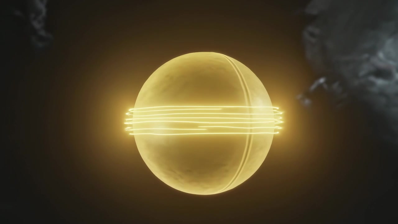 Esfera dorada giratoria con un halo ascendente mostrando una banda pulsante con costura que se desplaza e iluminando la niebla en el espacio.