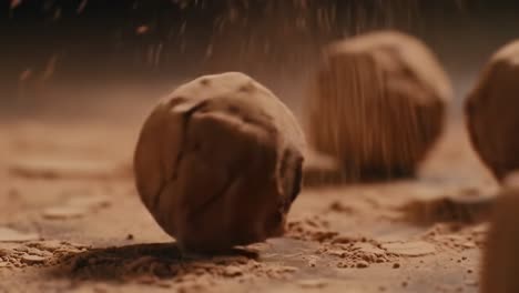 capturing the process of creating cocoa dessert balls, showcasing the textures and ingredients from the first hit of dust to the final chocolate coated treats