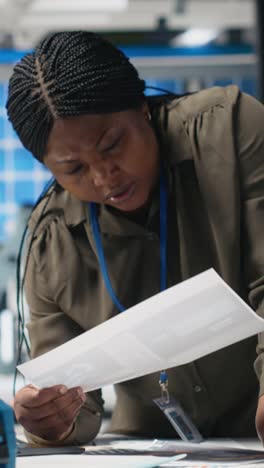 vertical video woman industrial expert performing quality control on solar power production
