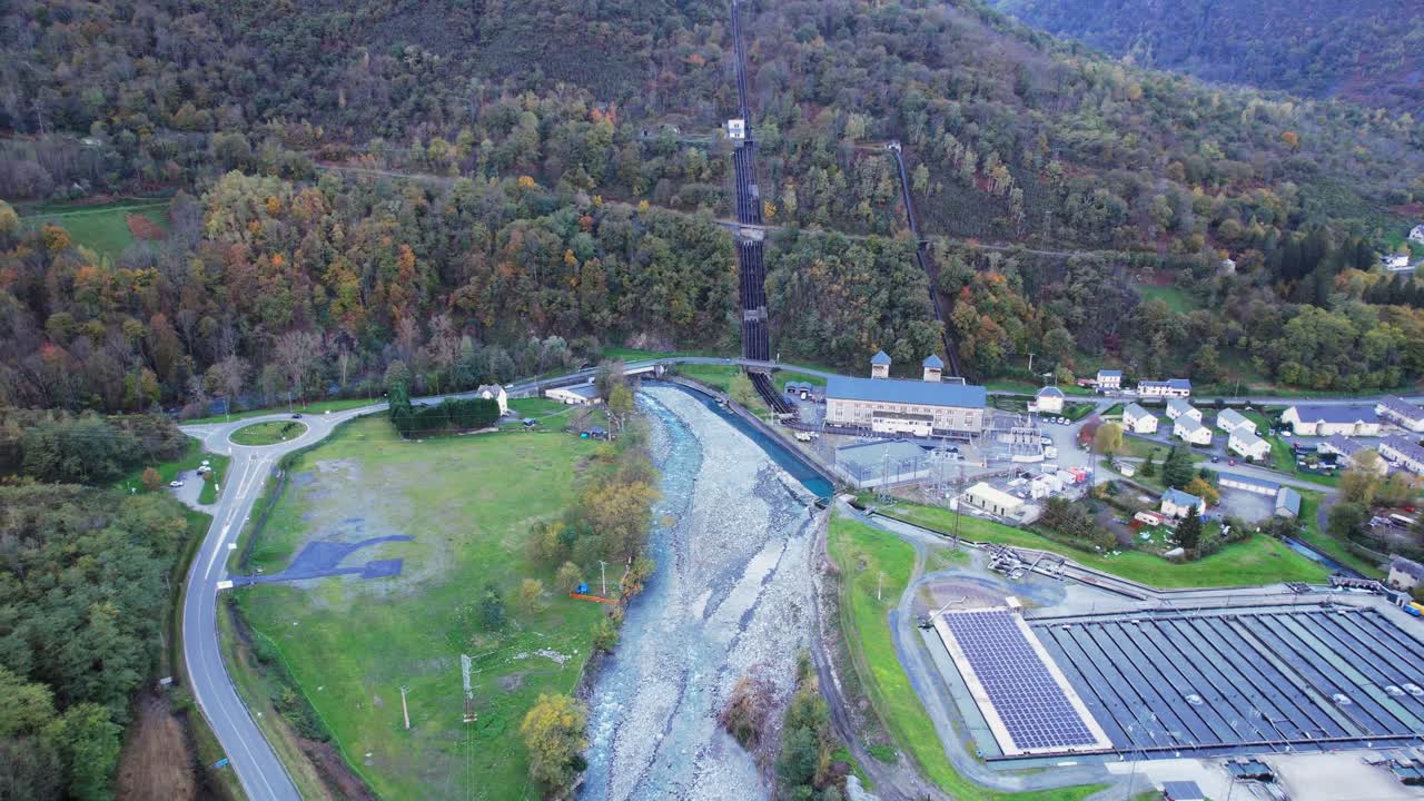 Aerial view of Soulom hydroelectric plant in scenic French Pyrenees