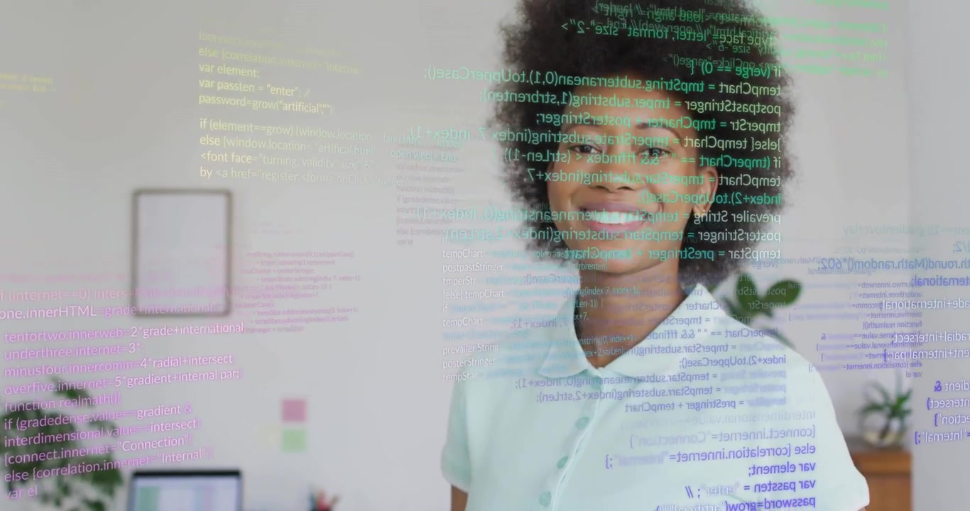 Office professional writing notes while code overlays guiding tech analysis with smiling confidence