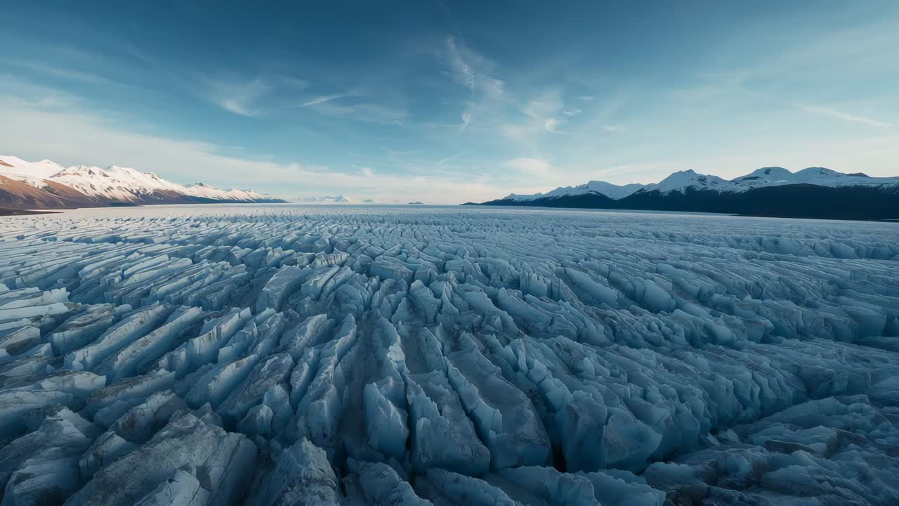 Pulling back, camera revealing fractured ice field with ridges across lake to expose mountain range