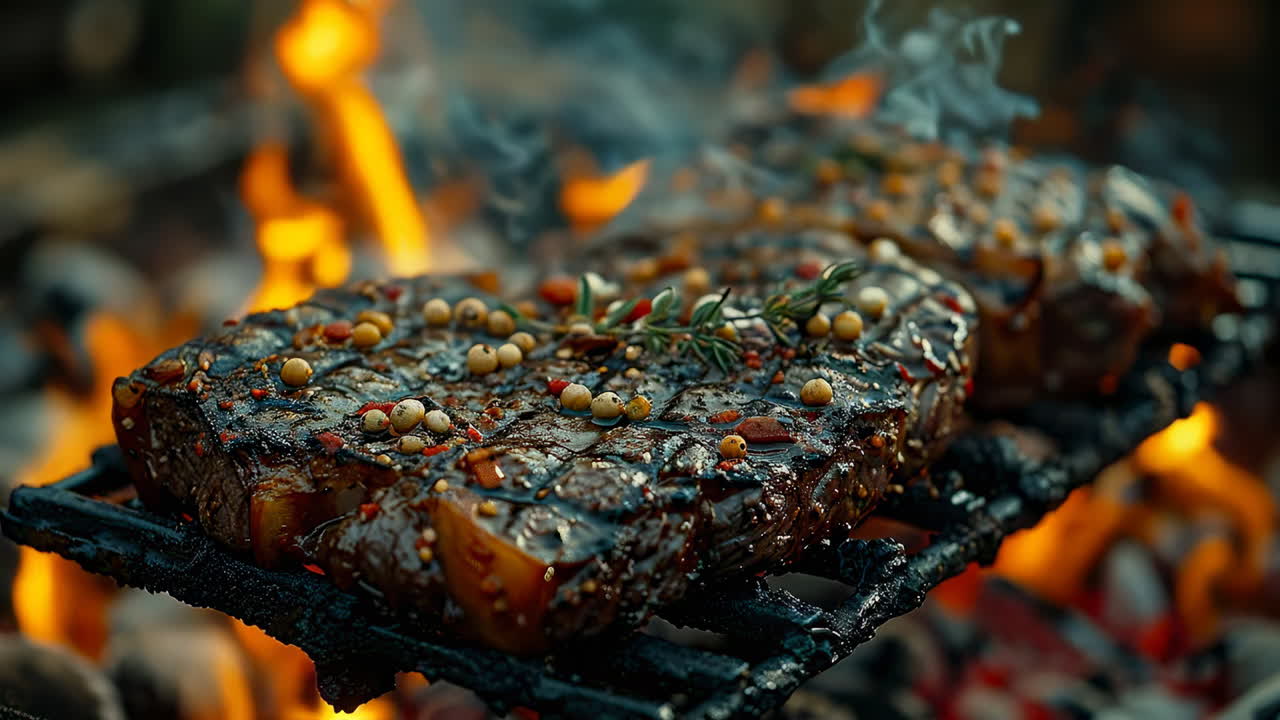 Grilling steak on an outdoor barbecue. Juicy steaks sizzle on the grill as flames dance around them, creating a mouthwatering scene in the backyard