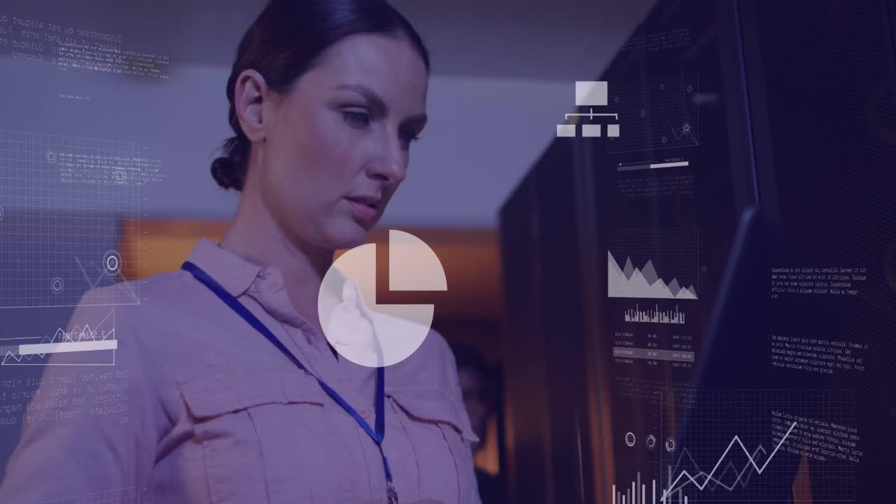 animación de gráficos sobre mujer caucásica trabajando en la sala de servidores