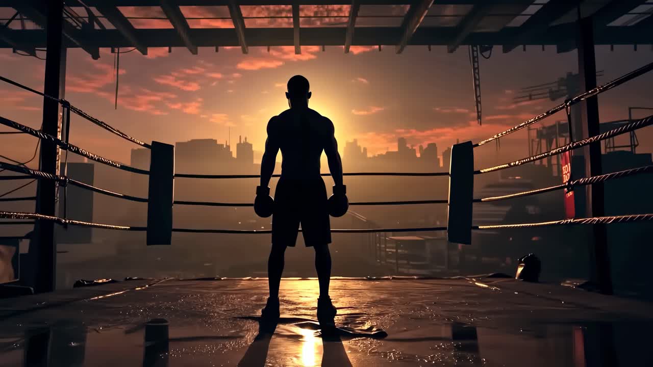 Silhouetted boxer in a ring at sunset, viewed from a low angle