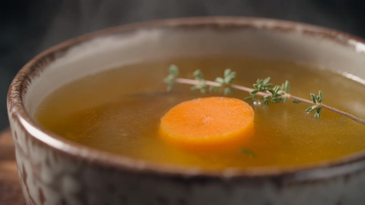Ciotola fumante di brodo di pollo fatto in casa con carota e timo