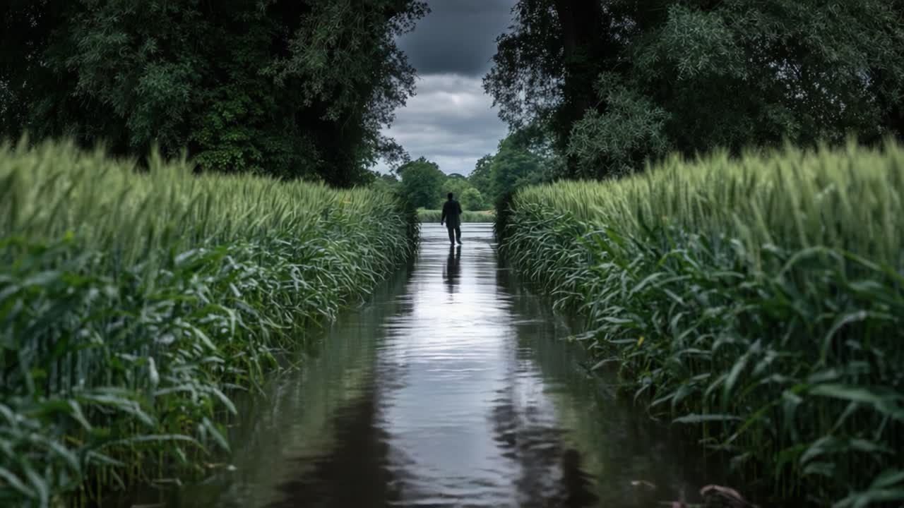 A Solitary Figure Stands in a Serene Waterway Surrounded by Lush Greenery, Creating a Peaceful Scene Amidst the Draping Clouds and Reflective Water Surface