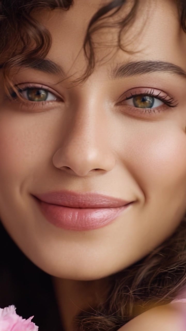 Bellezza Radiosa: Primo piano di una giovane donna con ricci naturali e trucco leggero, che cattura il suo sorriso gioioso e gli occhi espressivi in ritratti intimi.
