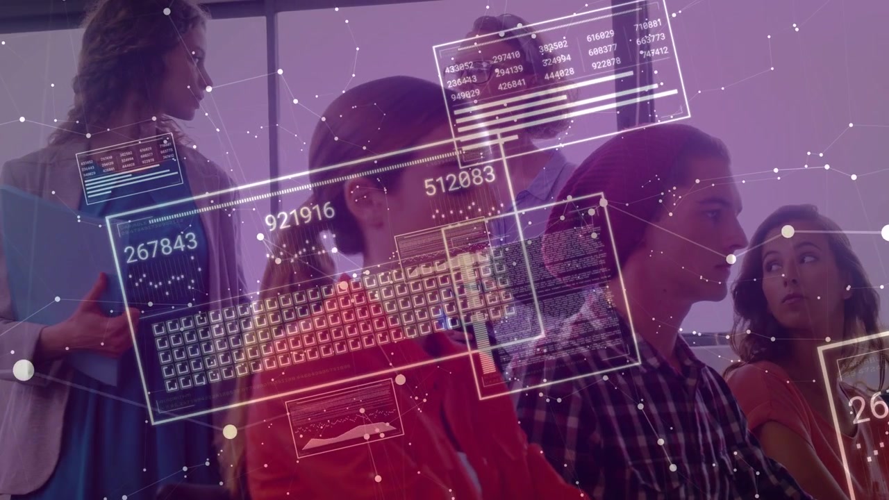 Woman in red-jacket sitting front trainer walking gesturing UI-panels sliding over group with data