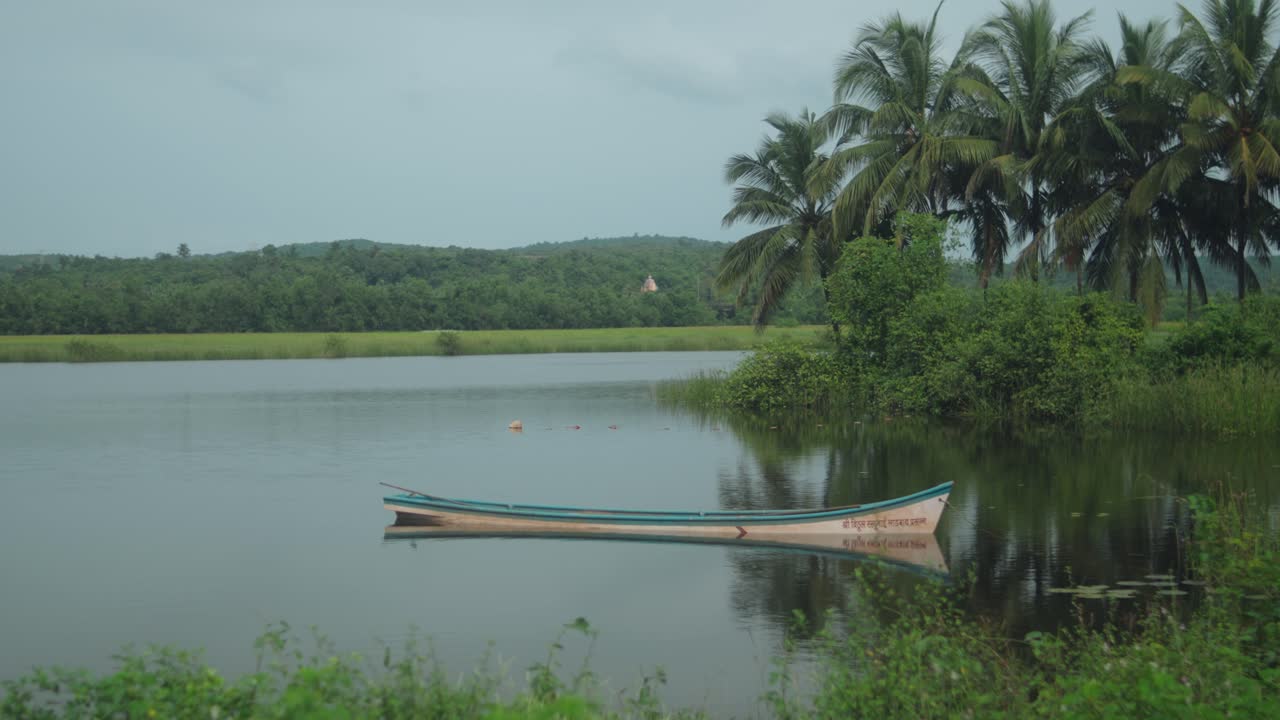 Vista serena di un lago con una canoa e rigogliose palme sulla riva