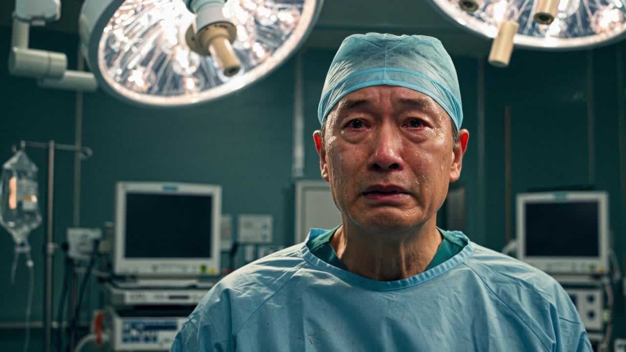 An experienced surgeon, wearing surgical scrubs and a blue cap, stands in a sterile operating room after a difficult procedure. Overwhelmed with emotion, he wipes tears from his eyes, conveying the weight of his responsibilities. The surgical lights above create a dramatic atmosphere, highlighting t