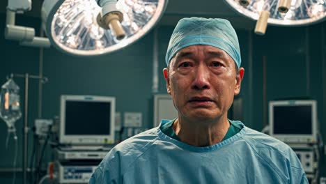 an experienced surgeon, wearing surgical scrubs and a blue cap, stands in a sterile operating room after a difficult procedure. overwhelmed with emotion, he wipes tears from his eyes, conveying the weight of his responsibilities. the surgical lights above create a dramatic atmosphere, highlighting t