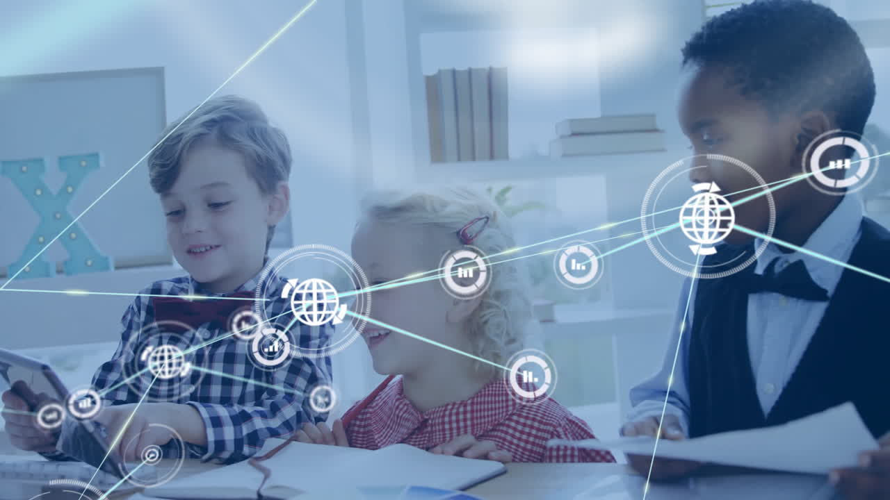In school, children studying with animation of digital network connections overlay