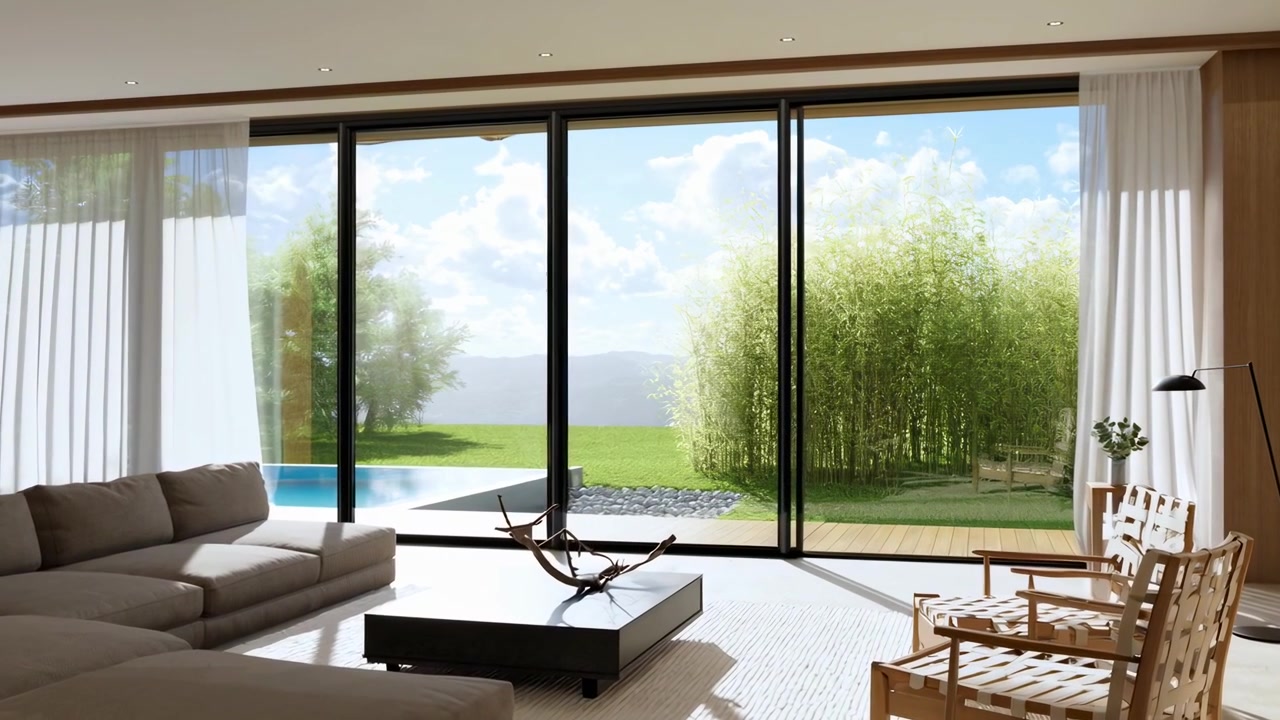 Sala de estar moderna con vista a piscina y jardín de bambú