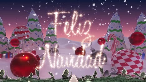 Feliz-Navidad-Text-Und-Schnee,-Der-über-Weihnachtsdekorationen-Und-Bäume-In-Der-Winterlandschaft-Fällt