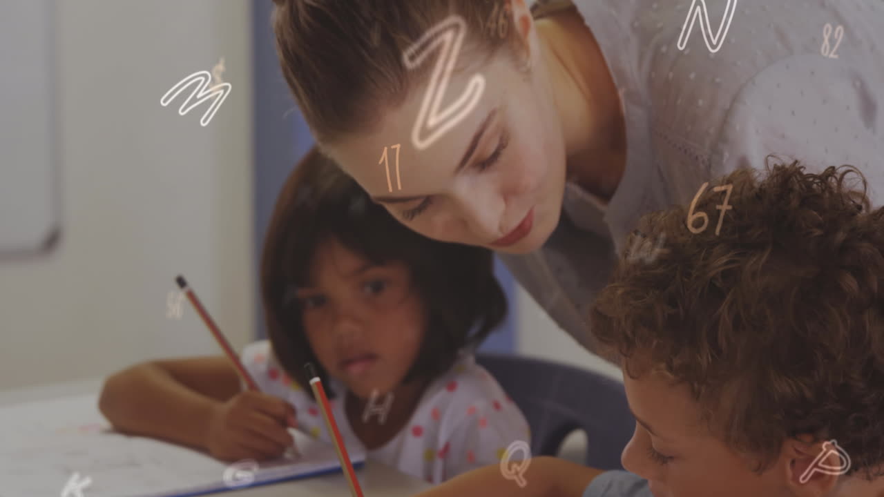 animación de números sobre diversas maestras y escolares escribiendo