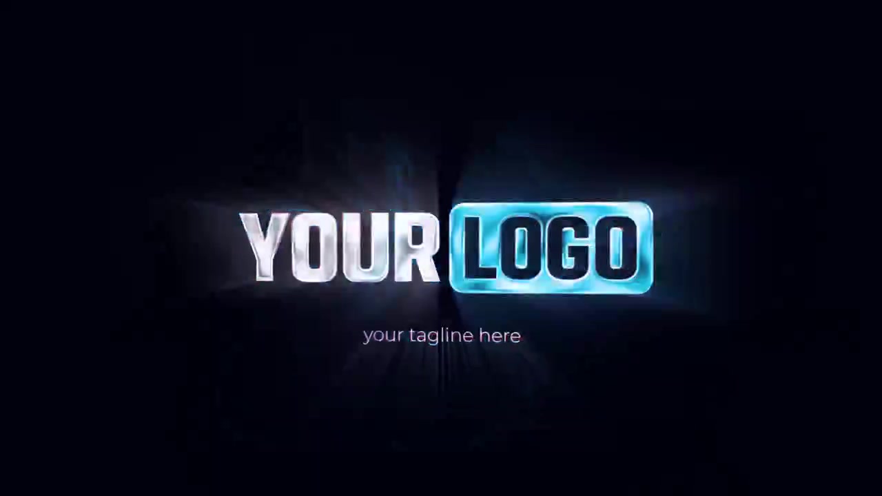 Animazione di rivelazione logo dinamica con effetto glitch e testo metallico