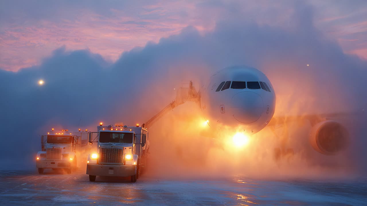 An aircraft receives essential de-icing treatment on a frosty morning, showcasing maintenance trucks spraying ice-prevention chemicals while surrounded by a vibrant, colorful winter haze