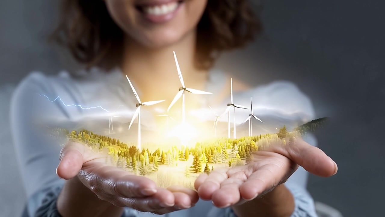 Mulher Segurando Parque Eólico Holográfico com Raios e Energia Verde