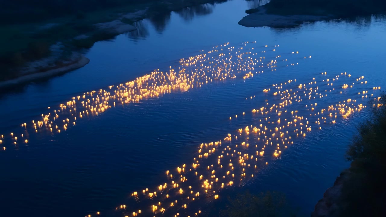 High-angle evening river scene showing hundreds of small illuminated lanterns floating on glassy water, concentrated in dense diagonal bands from lower right