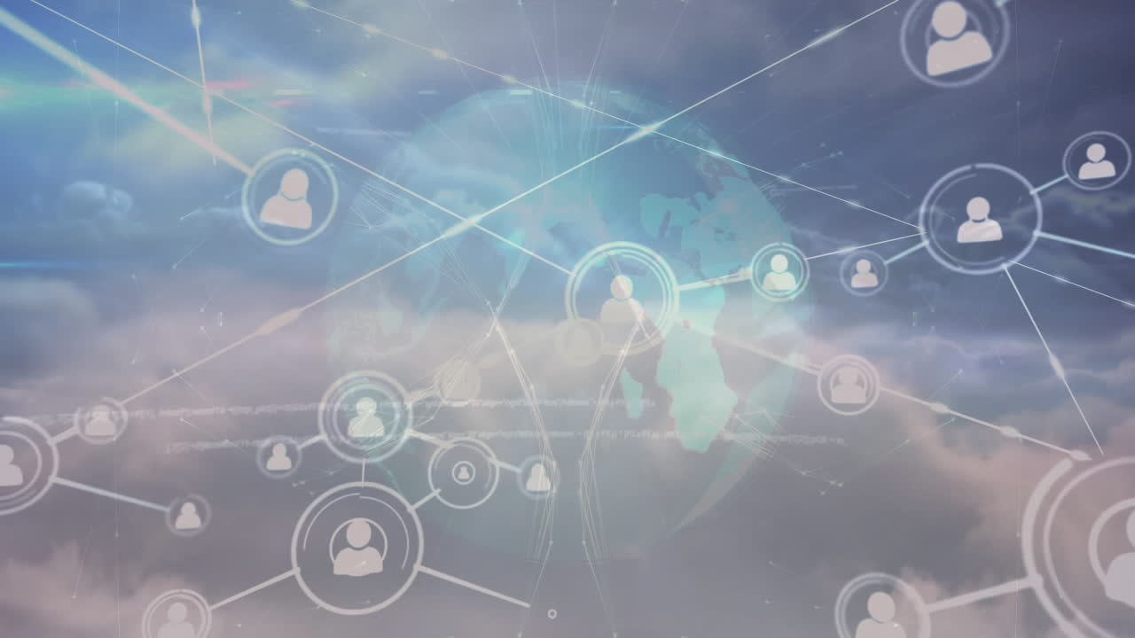 아이콘과 하늘 위의 지구로 연결된 네트워크의 애니메이션