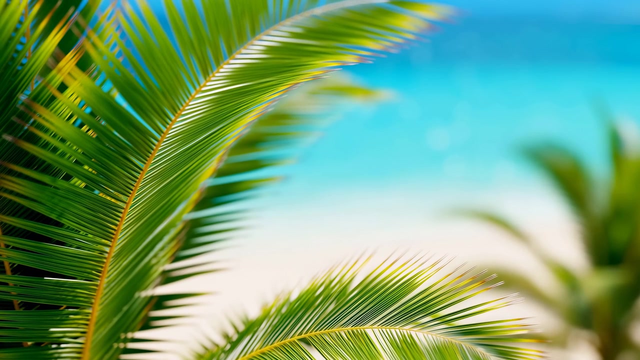 Close-up of lush palm fronds in the foreground with soft green foliage, a bright turquoise sea, and clear sky beyond, creating a calm sunny beach atmosphere