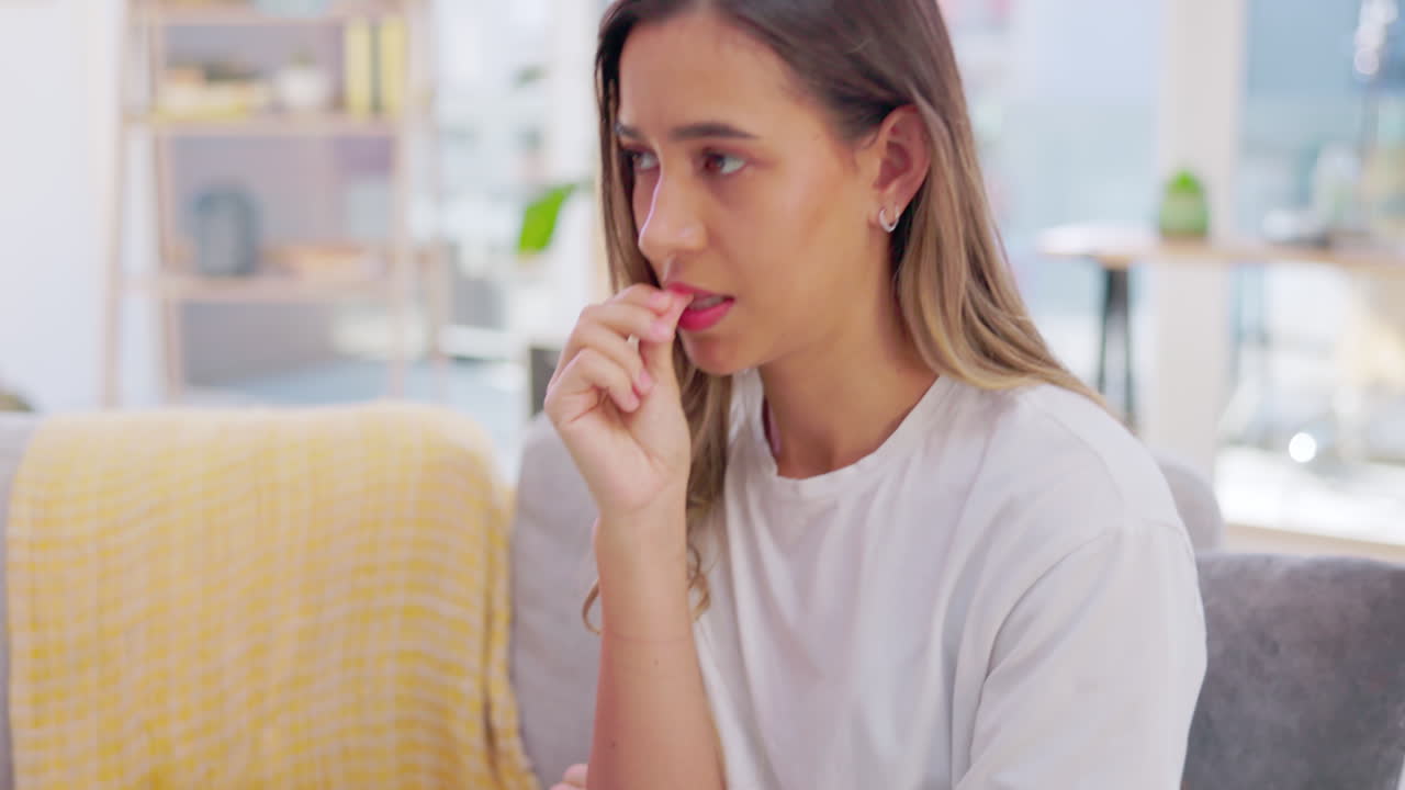 Nails, biting and woman with anxiety