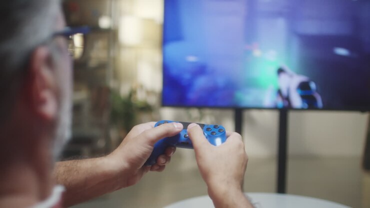 Man playing a video game with a controller on a large TV