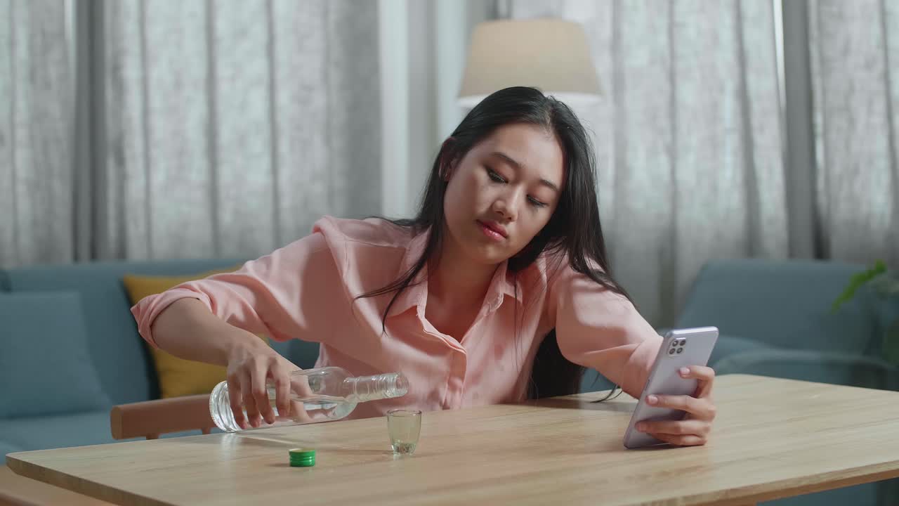 술에 취한 우울한 아시아 여성이 집에서 스마트폰을 사용하는 동안 유리잔에서 보드카를 마시고 있습니다.