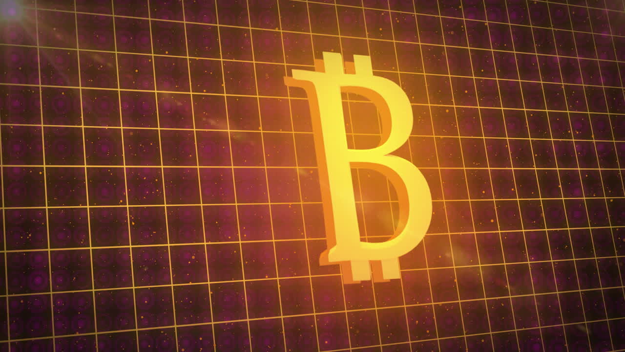 Glowing Bitcoin symbol with digital animation over purple grid background