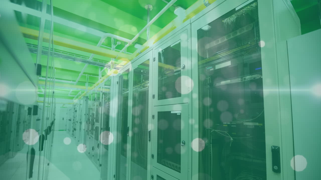 Animation of lights and dots floating over servers