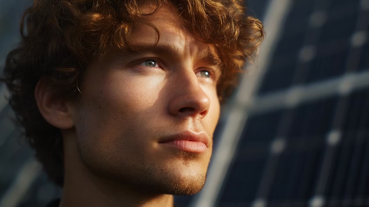 A contemplative young man gazes upward, immersed in thoughts about renewable energy and solar technology, showcasing the synergy between human curiosity and sustainable innovation in a modern context